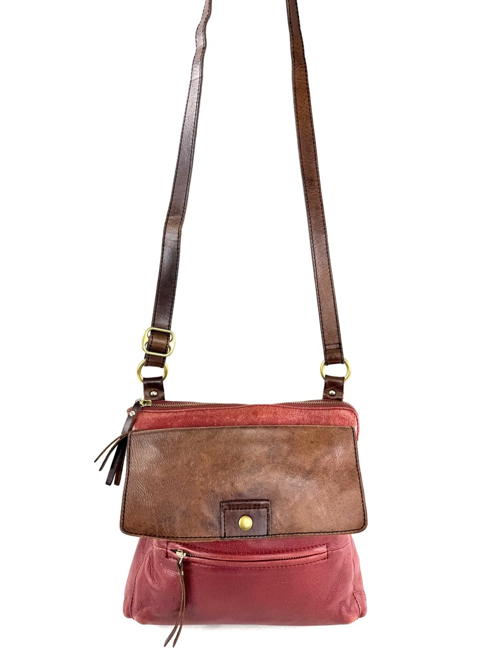 Osgoode Marley Red Leather Medium Shoulder Crossbody Bag Brass Brown Trim RFID